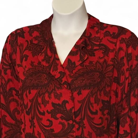 Vintage 90s Rena Rowan for Saville Blouse Size 12 Red Black Paisley Office Chic - Picture 6 of 9